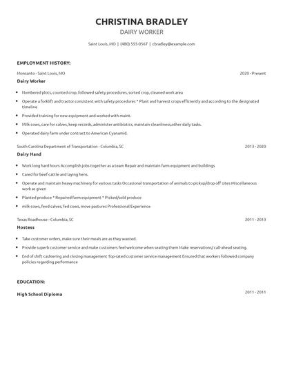 Dairy Worker Resume