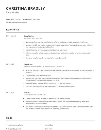 Dairy Worker Resume