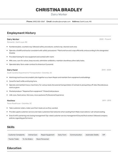 Dairy Worker Resume