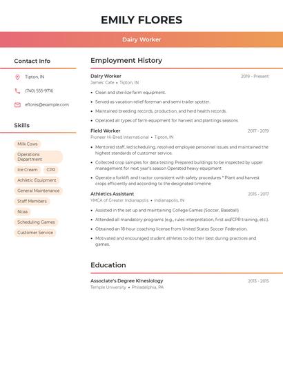 Dairy Worker Resume