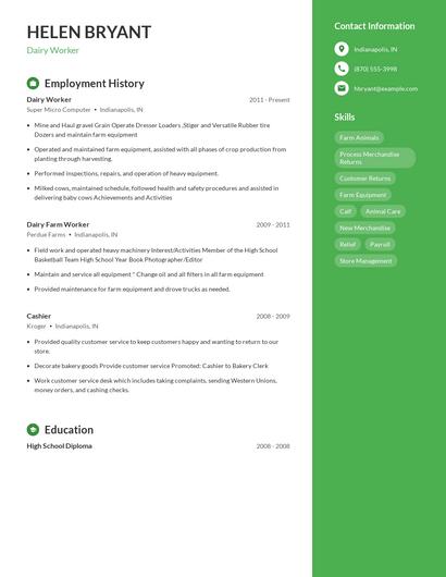 Dairy Worker Resume