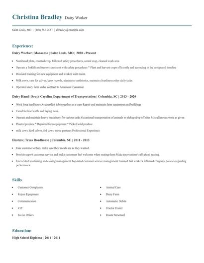 Dairy Worker Resume