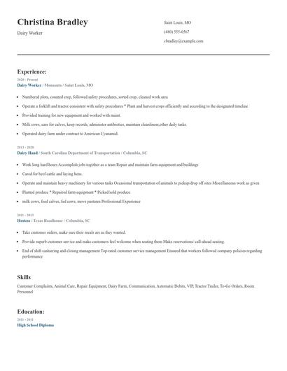 Dairy Worker Resume