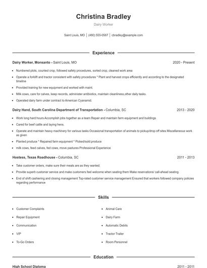 Dairy Worker Resume