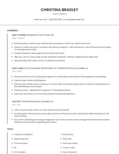 Dairy Worker Resume