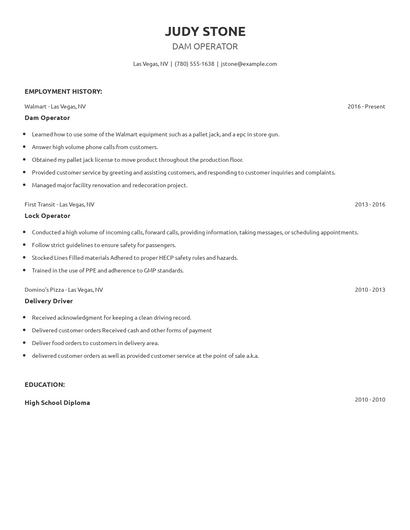 Dam Operator Resume