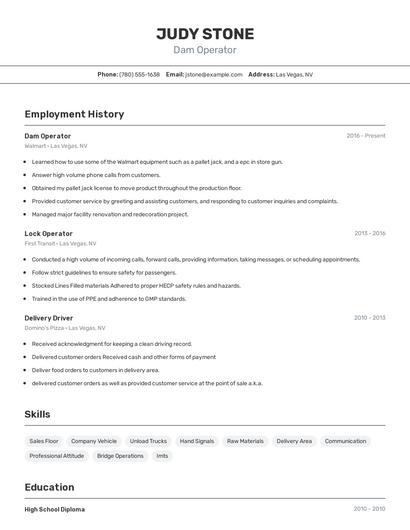 Dam Operator Resume