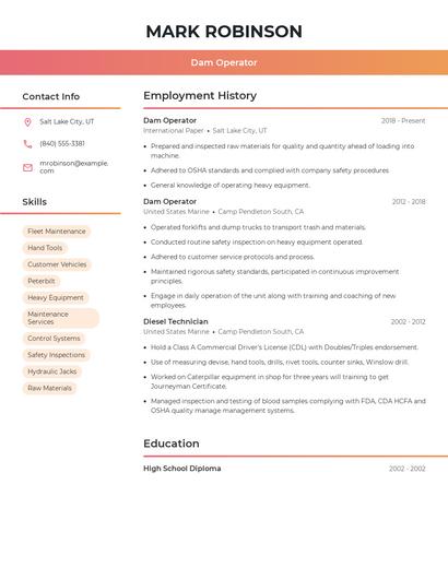 Dam Operator Resume
