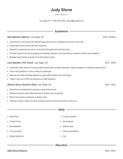 Dam Operator Resume