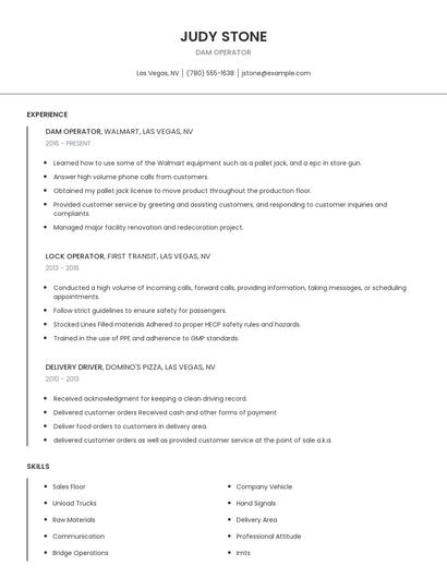 Dam Operator Resume