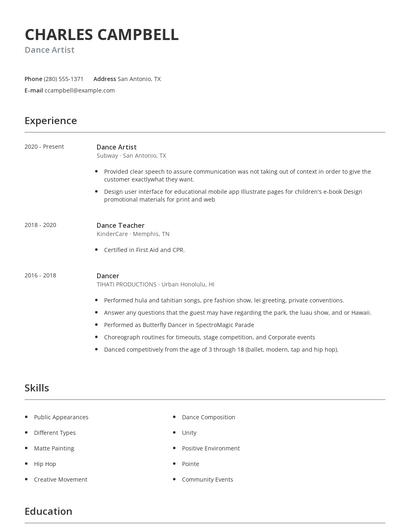 Dance Artist Resume