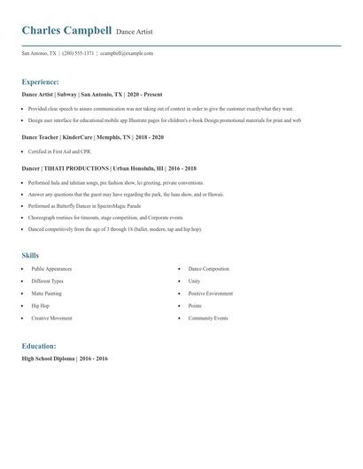 Dance Artist Resume