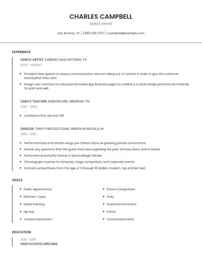 Dance Artist Resume