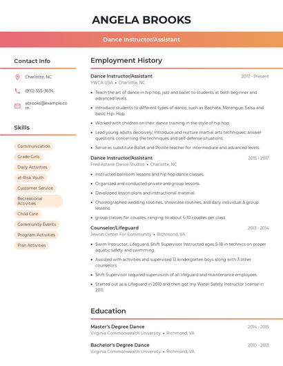 Dance Instructor/Assistant Resume