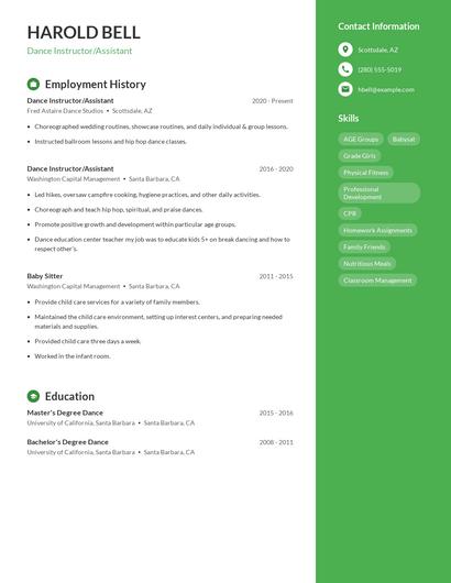 Dance Instructor/Assistant Resume