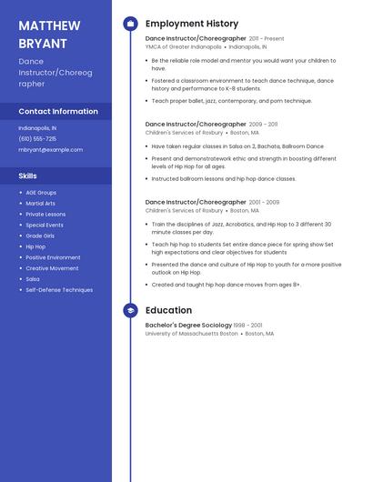 Dance Instructor/Choreographer Resume