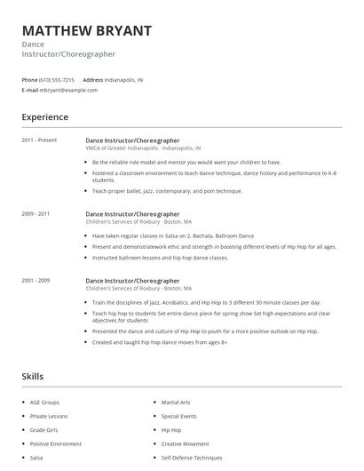 Dance Instructor/Choreographer Resume