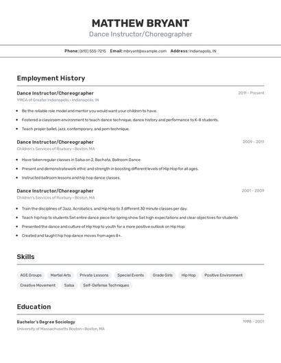 Dance Instructor/Choreographer Resume