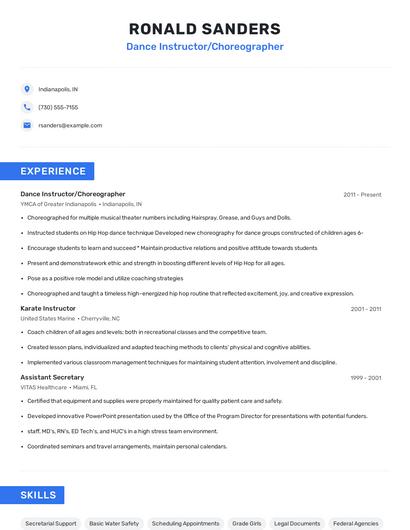 Dance Instructor/Choreographer Resume