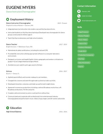 Dance Instructor/Choreographer Resume
