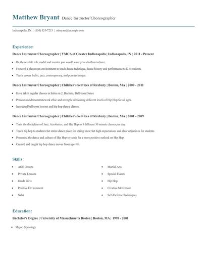 Dance Instructor/Choreographer Resume