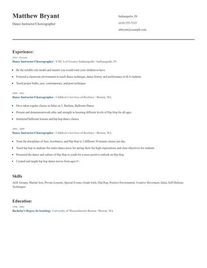 Dance Instructor/Choreographer Resume