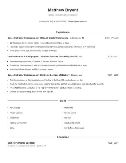 Dance Instructor/Choreographer Resume