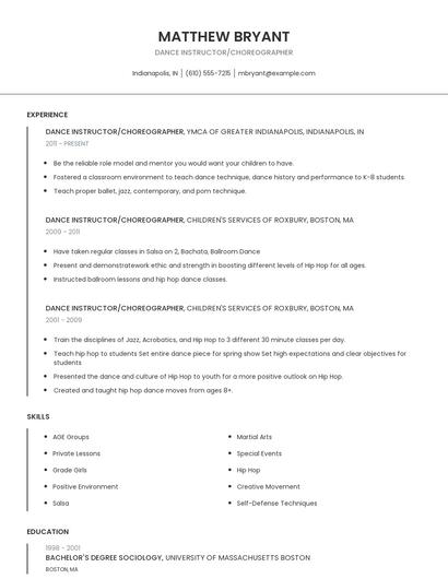 Dance Instructor/Choreographer Resume