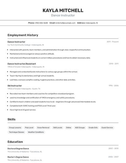 Dance Instructor Resume