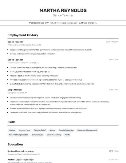 Dance Teacher Resume