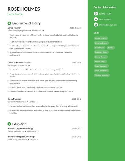 Dance Teacher Resume