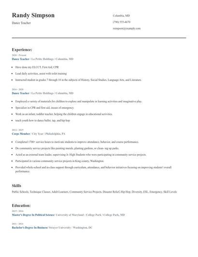 Dance Teacher Resume