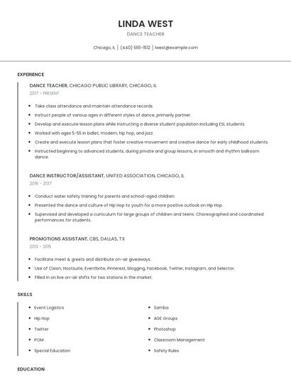 Dance Teacher Resume