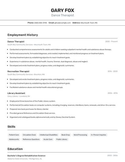 Dance Therapist Resume