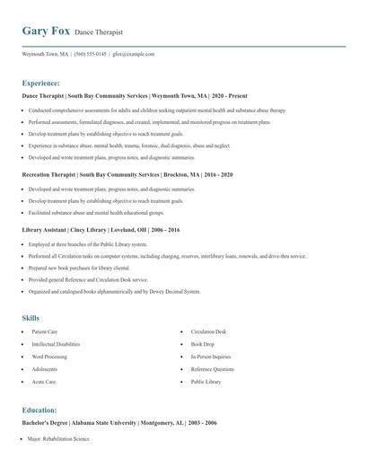Dance Therapist Resume