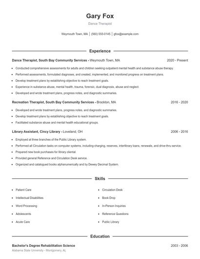Dance Therapist Resume