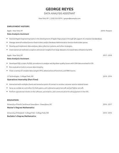 Data Analysis Assistant Resume