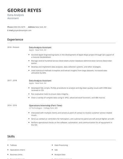 Data Analysis Assistant Resume