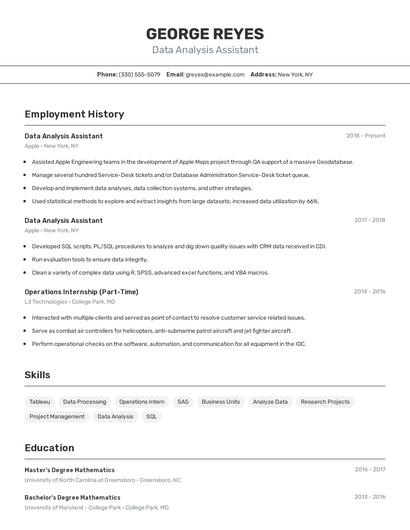 Data Analysis Assistant Resume