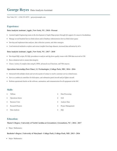 Data Analysis Assistant Resume