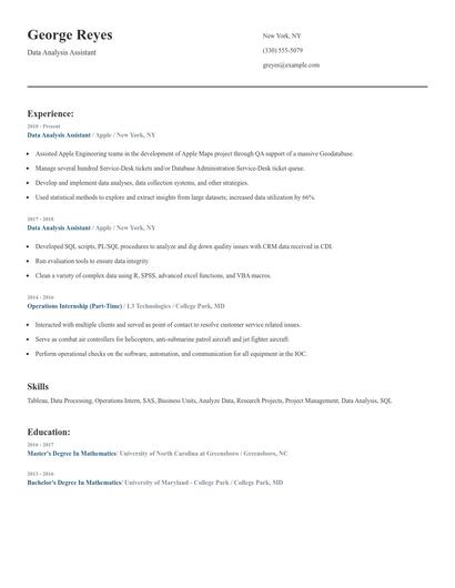 Data Analysis Assistant Resume