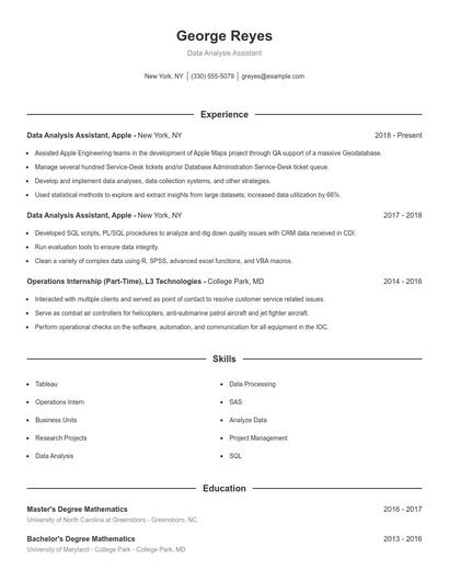Data Analysis Assistant Resume