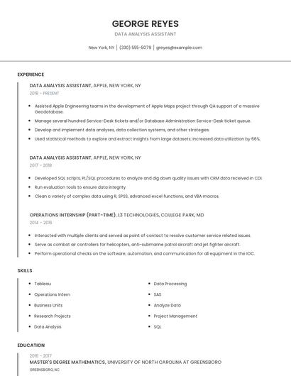 Data Analysis Assistant Resume