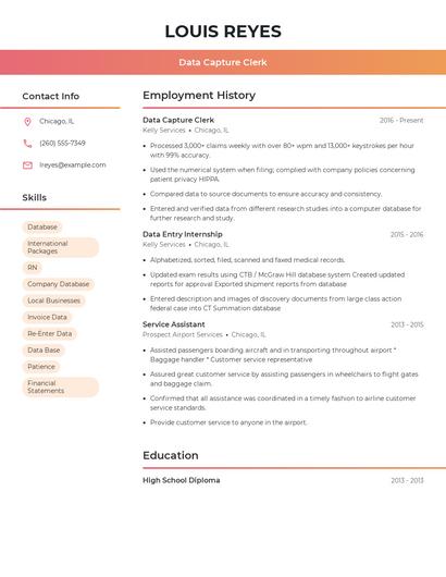 Data Capture Clerk Resume