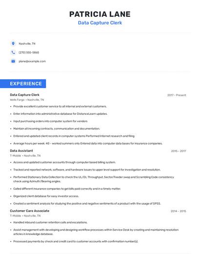 Data Capture Clerk Resume