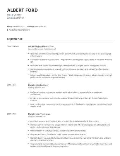 Data Center Administrator Resume