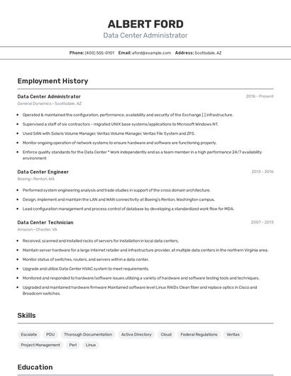 Data Center Administrator Resume