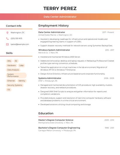 Data Center Administrator Resume
