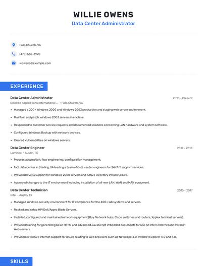Data Center Administrator Resume
