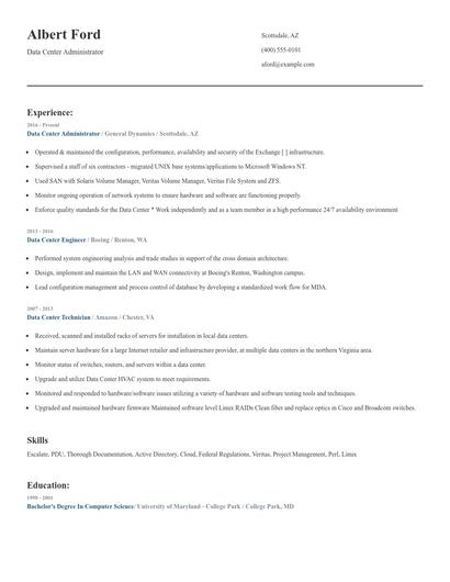 Data Center Administrator Resume